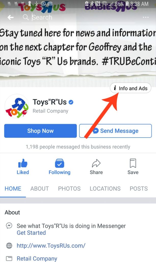 Facebook Info and Ads Tab on Mobile Device